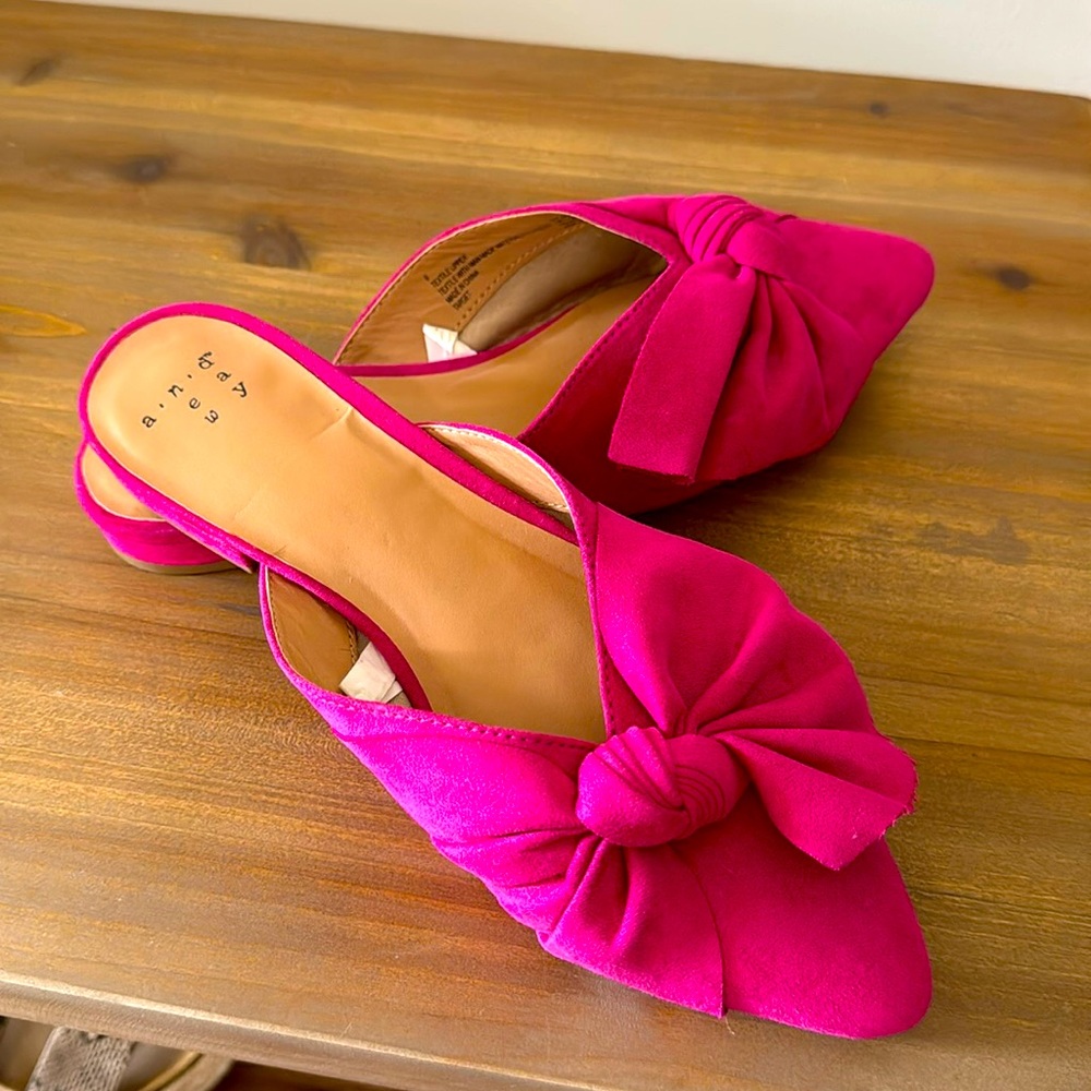 Pink velvet bow mules